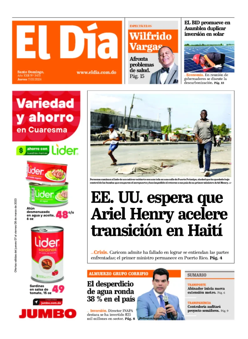 Portada Periódico El Día, Jueves 07 Marzo, 2024