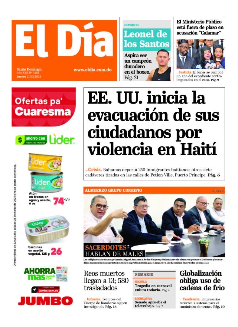 Portada Periódico El Día, Jueves 21 Marzo, 2024