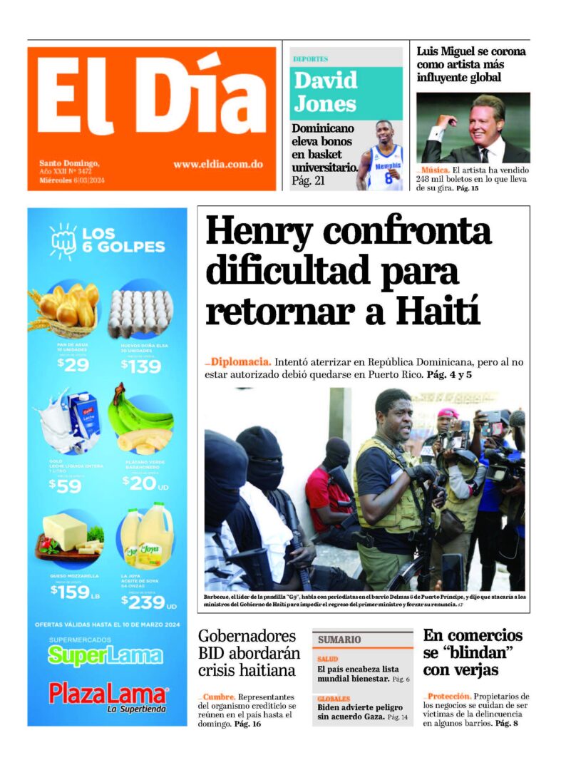 Portada Periódico El Día, Miércoles 06 Marzo, 2024