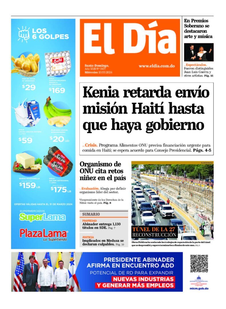 Portada Periódico El Día, Miércoles 13 Marzo, 2024
