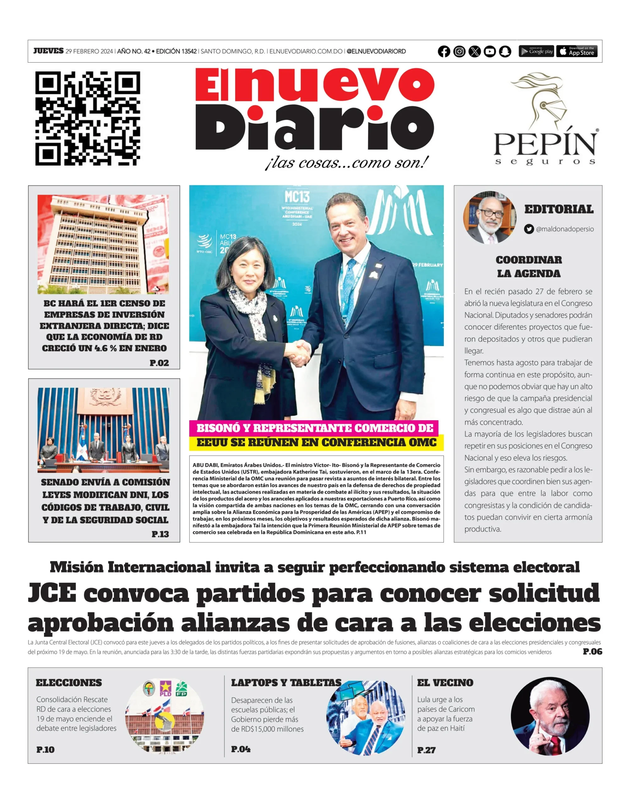 Portada Periódico El Nuevo Diario, Lunes 04 Marzo, 2024