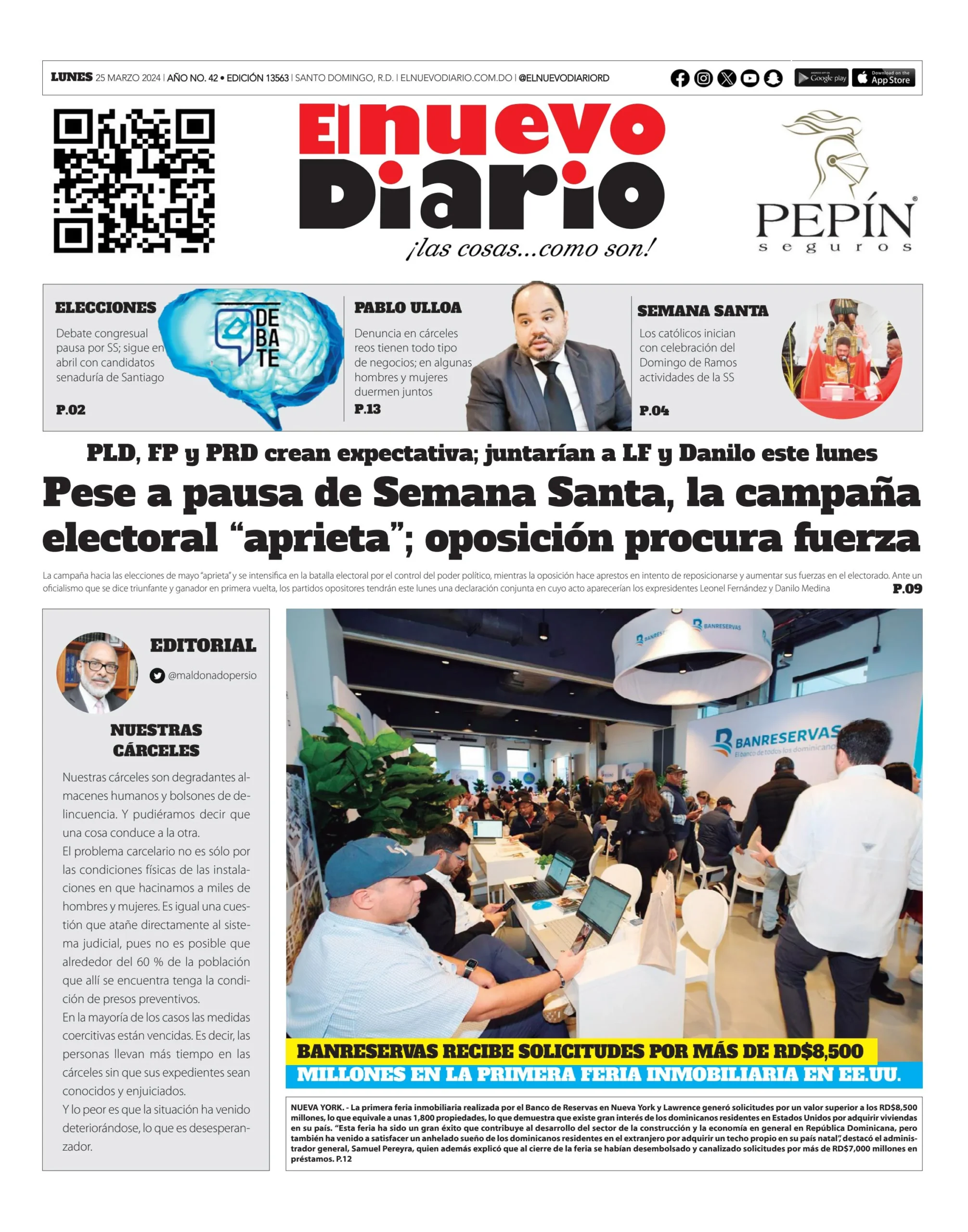 Portada Periódico El Nuevo Diario, Lunes 25 Marzo, 2024
