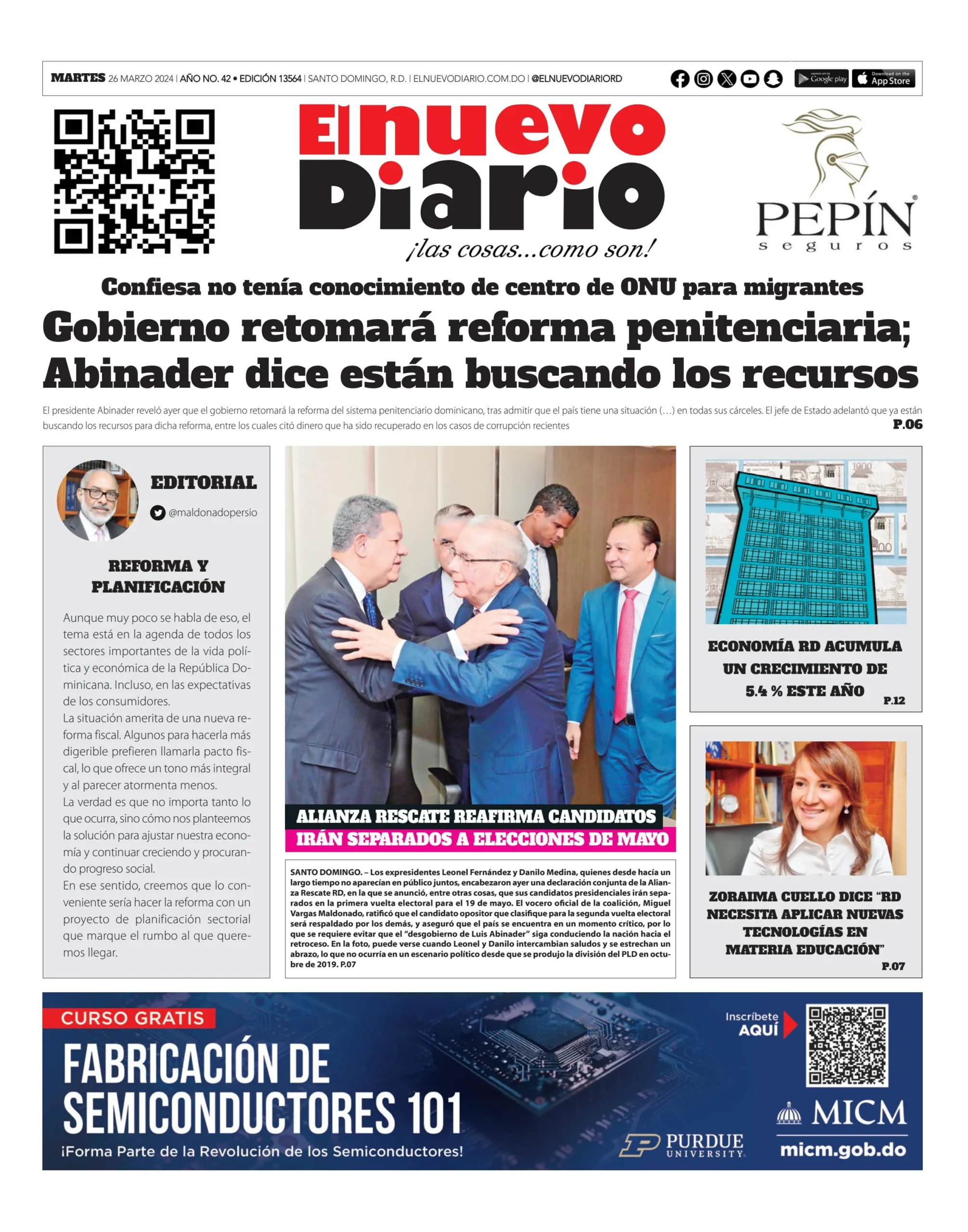 Portada Periódico El Nuevo Diario, Martes 26 Marzo, 2024