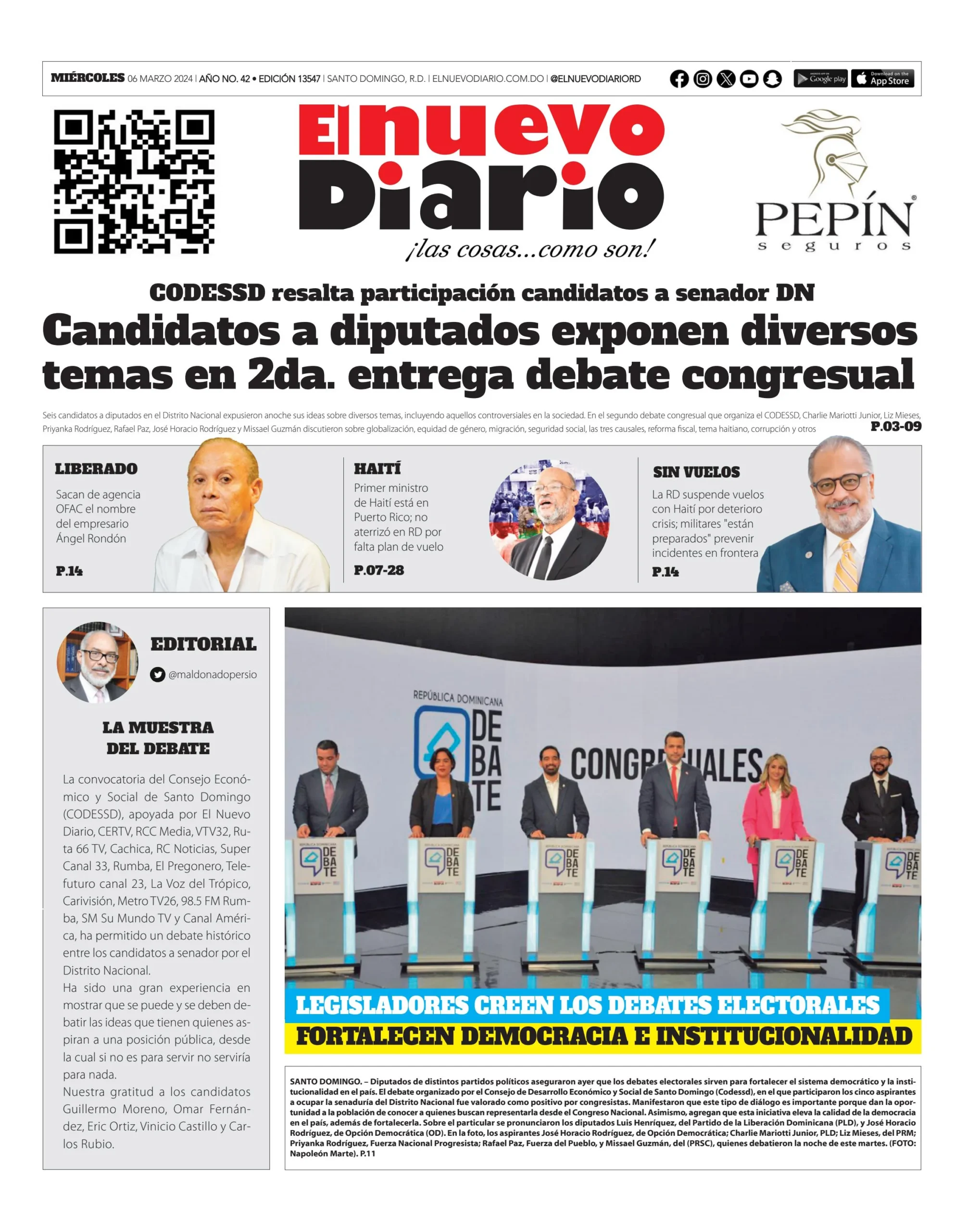 Portada Periódico El Nuevo Diario, Miércoles 06 Marzo, 2024