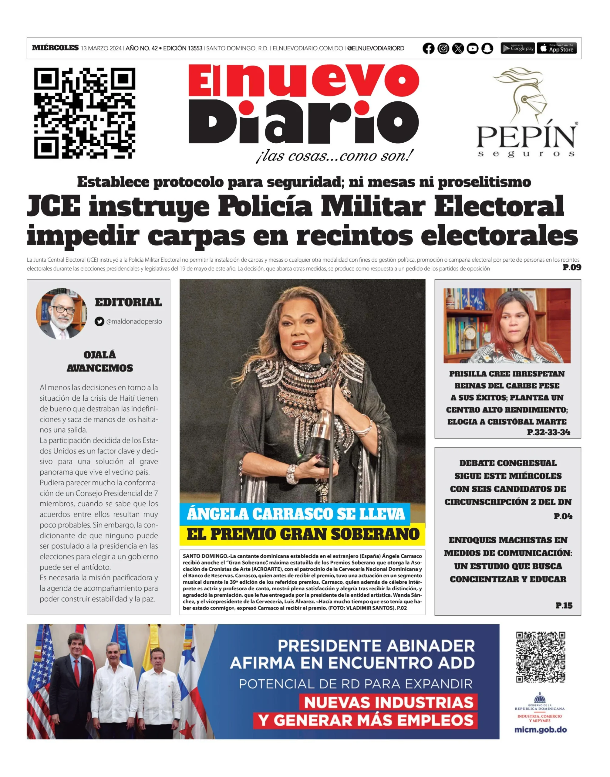 Portada Periódico El Nuevo Diario, Miércoles 13 Marzo, 2024