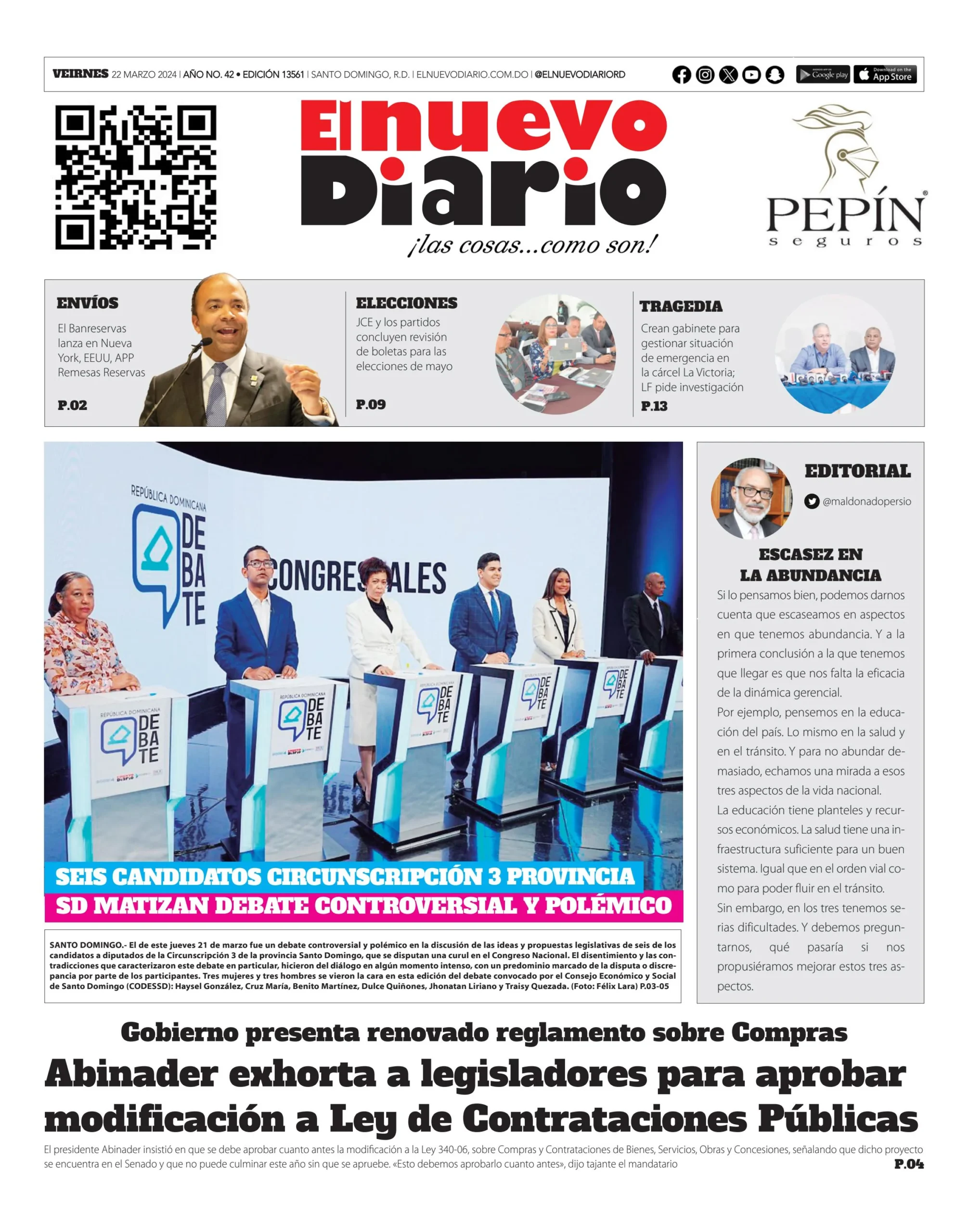 Portada Periódico El Nuevo Diario, Viernes 22 Marzo, 2024