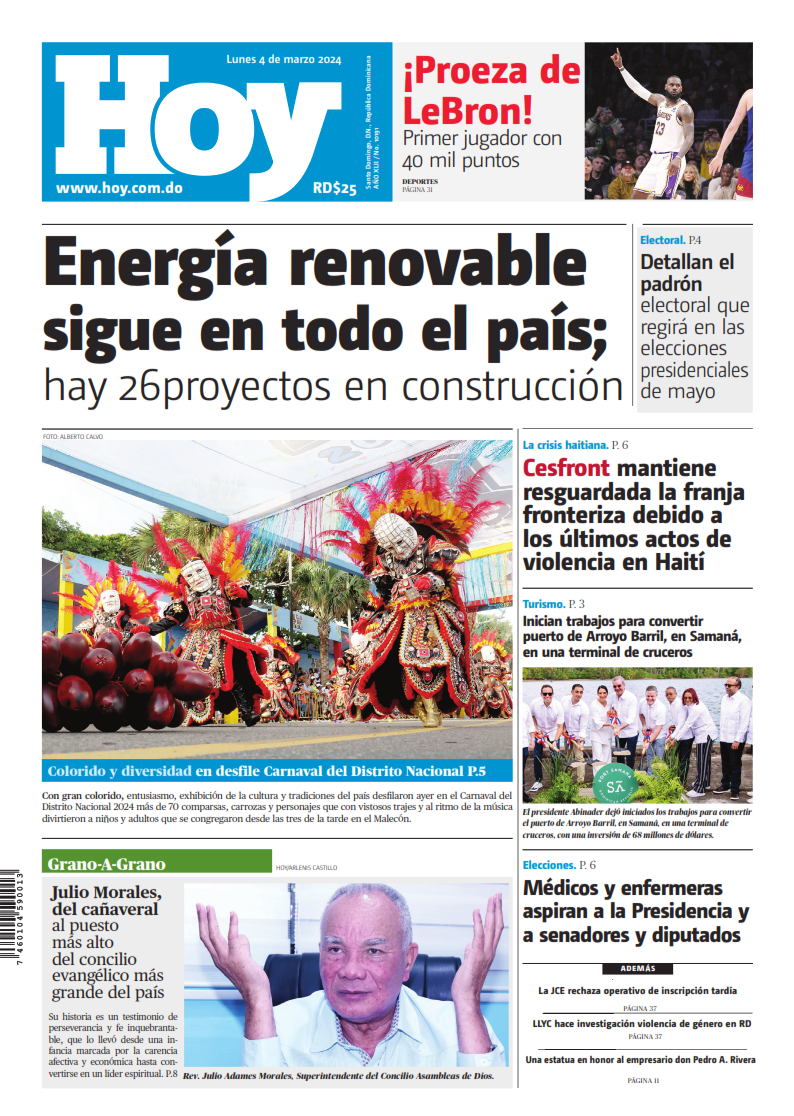 Portada Periódico Hoy, Lunes 04 Marzo, 2024