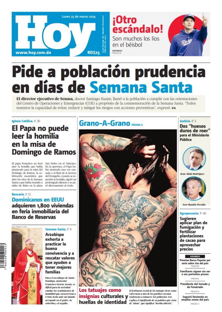 Portada Periódico Hoy, Lunes 25 Marzo, 2024