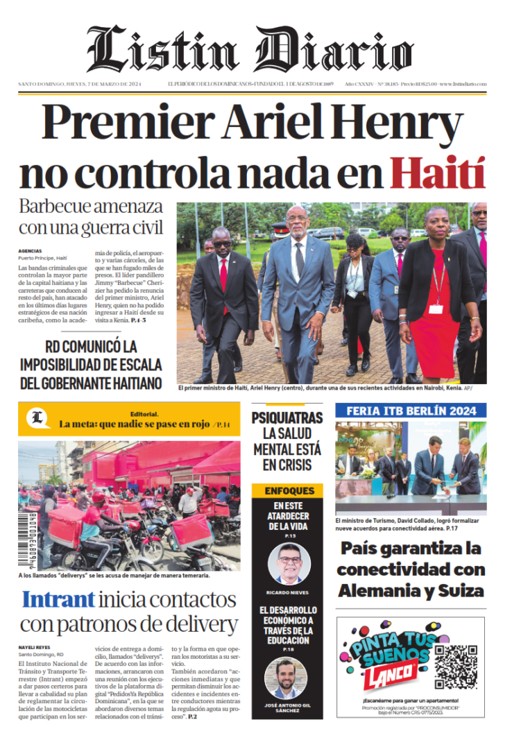 Portada Periódico Listín Diario, Jueves 07 Marzo, 2024