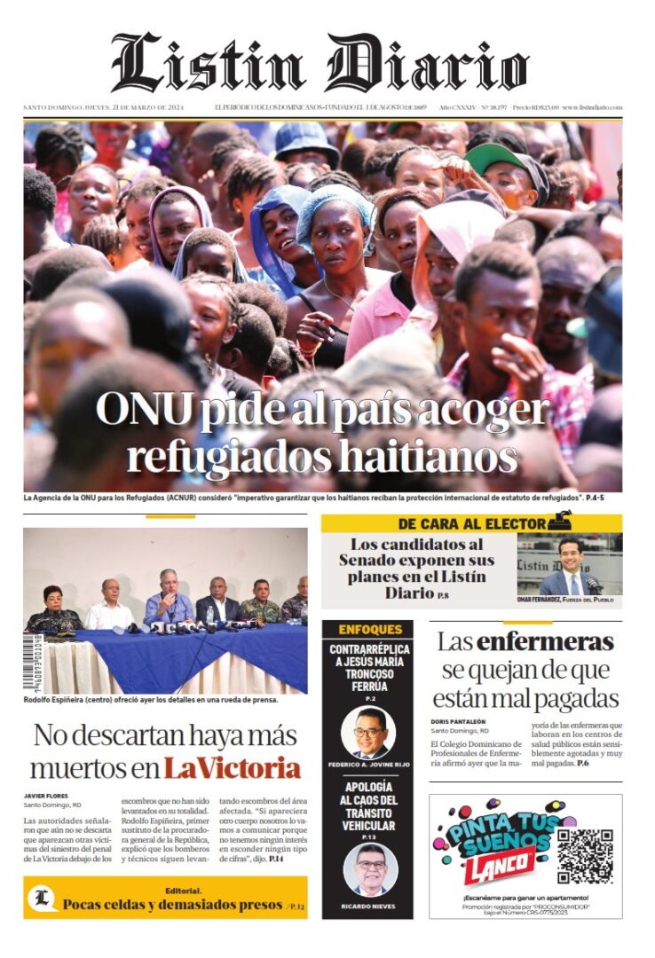 Portada Periódico Listín Diario, Jueves 21 Marzo, 2024