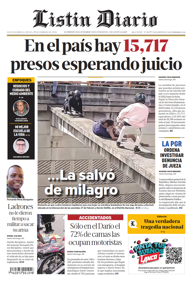 Portada Periódico Listín Diario, Lunes 04 Marzo, 2024