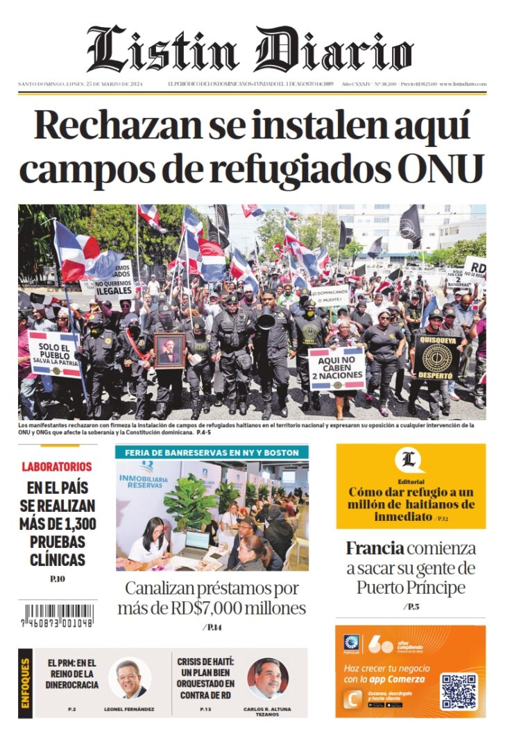 Portada Periódico Listín Diario, Lunes 25 Marzo, 2024