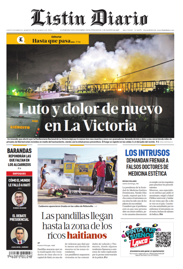 Portada Periódico Listín Diario, Martes 19 Marzo, 2024