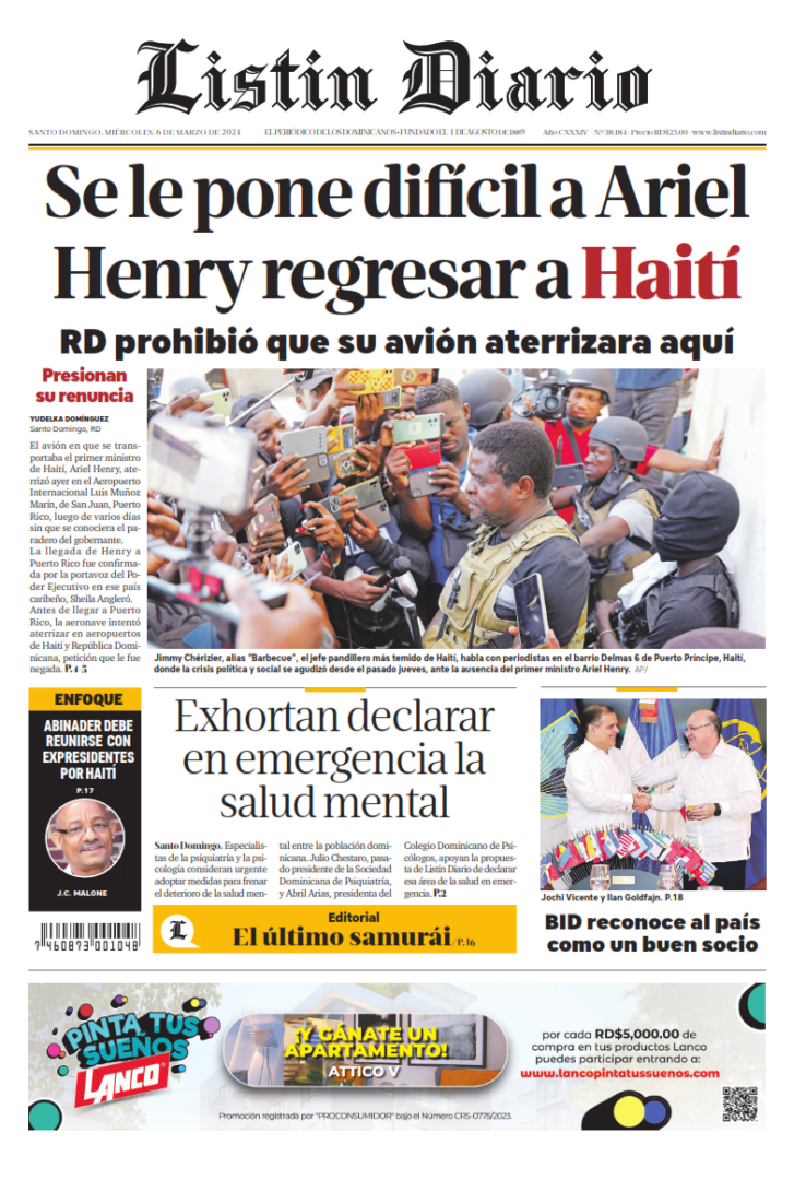 Portada Periódico Listín Diario, Miércoles 06 Marzo, 2024