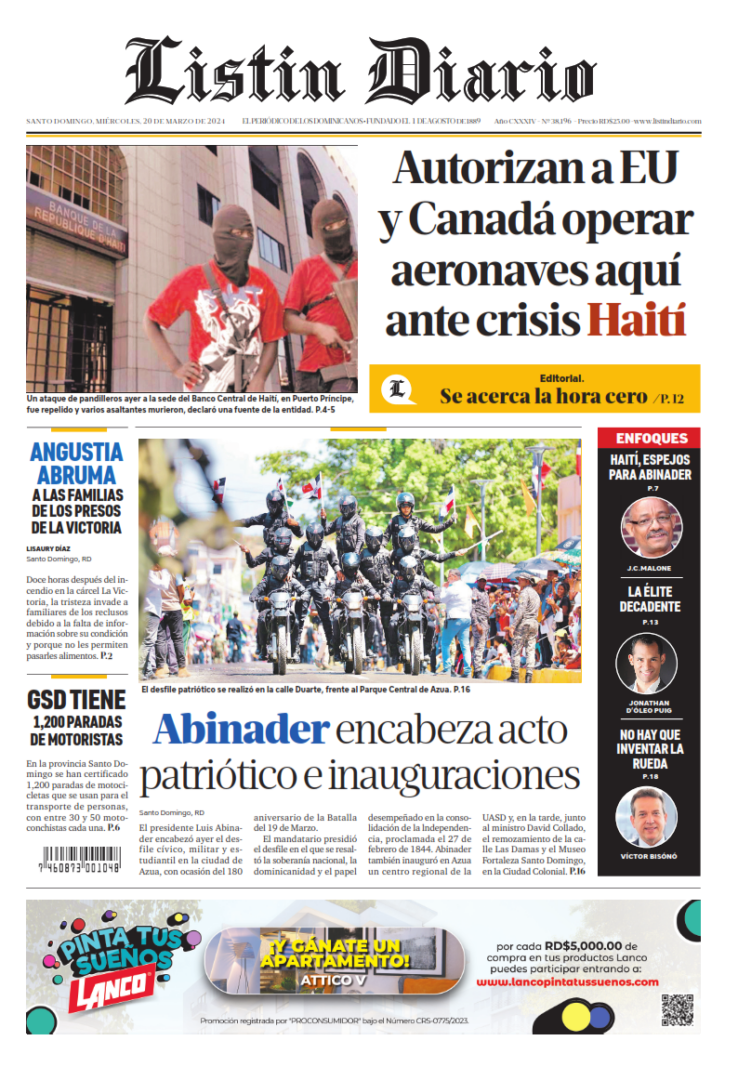 Portada Periódico Listín Diario, Miércoles 20 Marzo, 2024