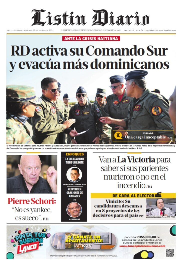 Portada Periódico Listín Diario, Viernes 22 Marzo, 2024