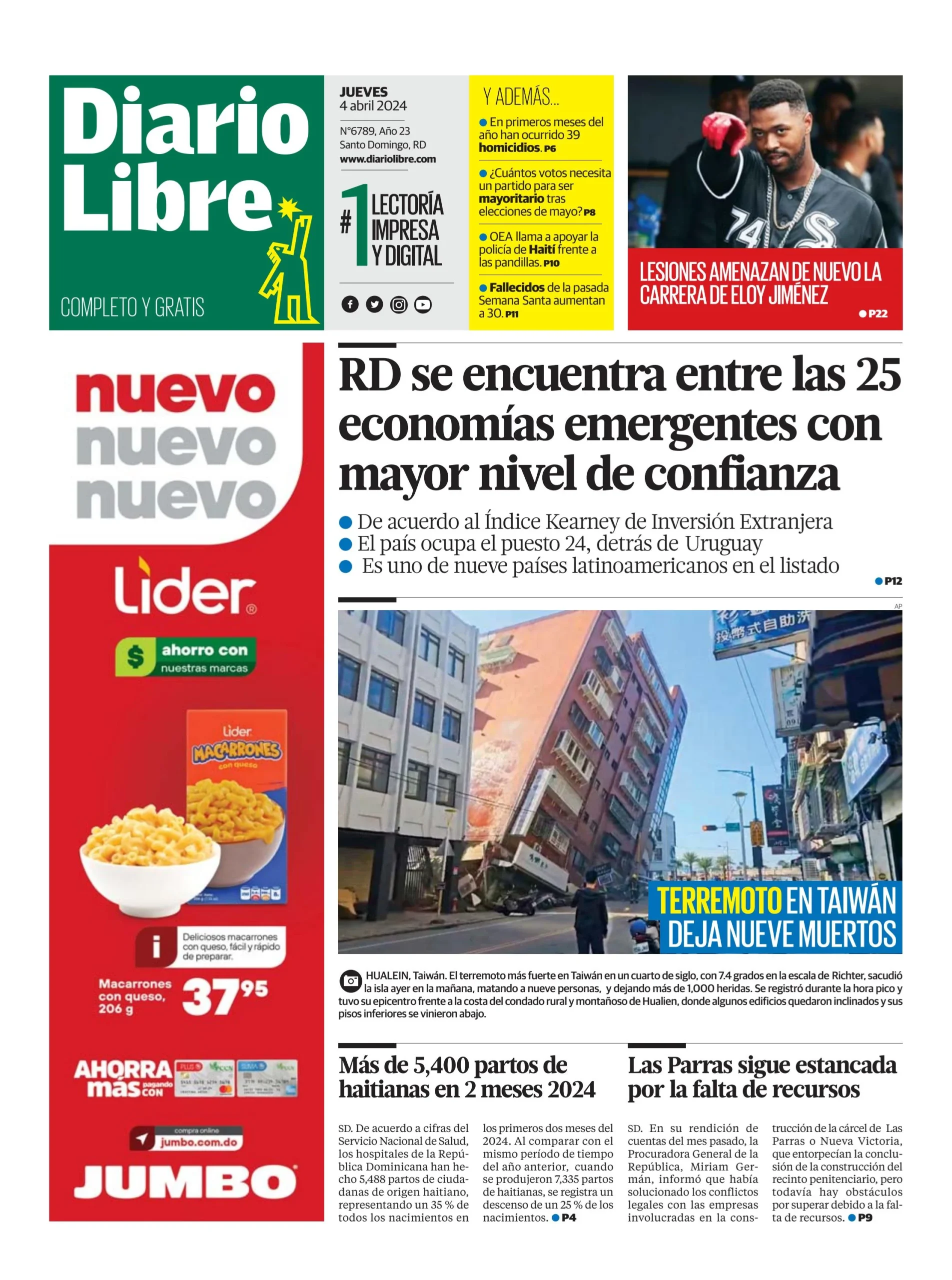 Portada Periódico Diario Libre, Jueves 04 Abril, 2024