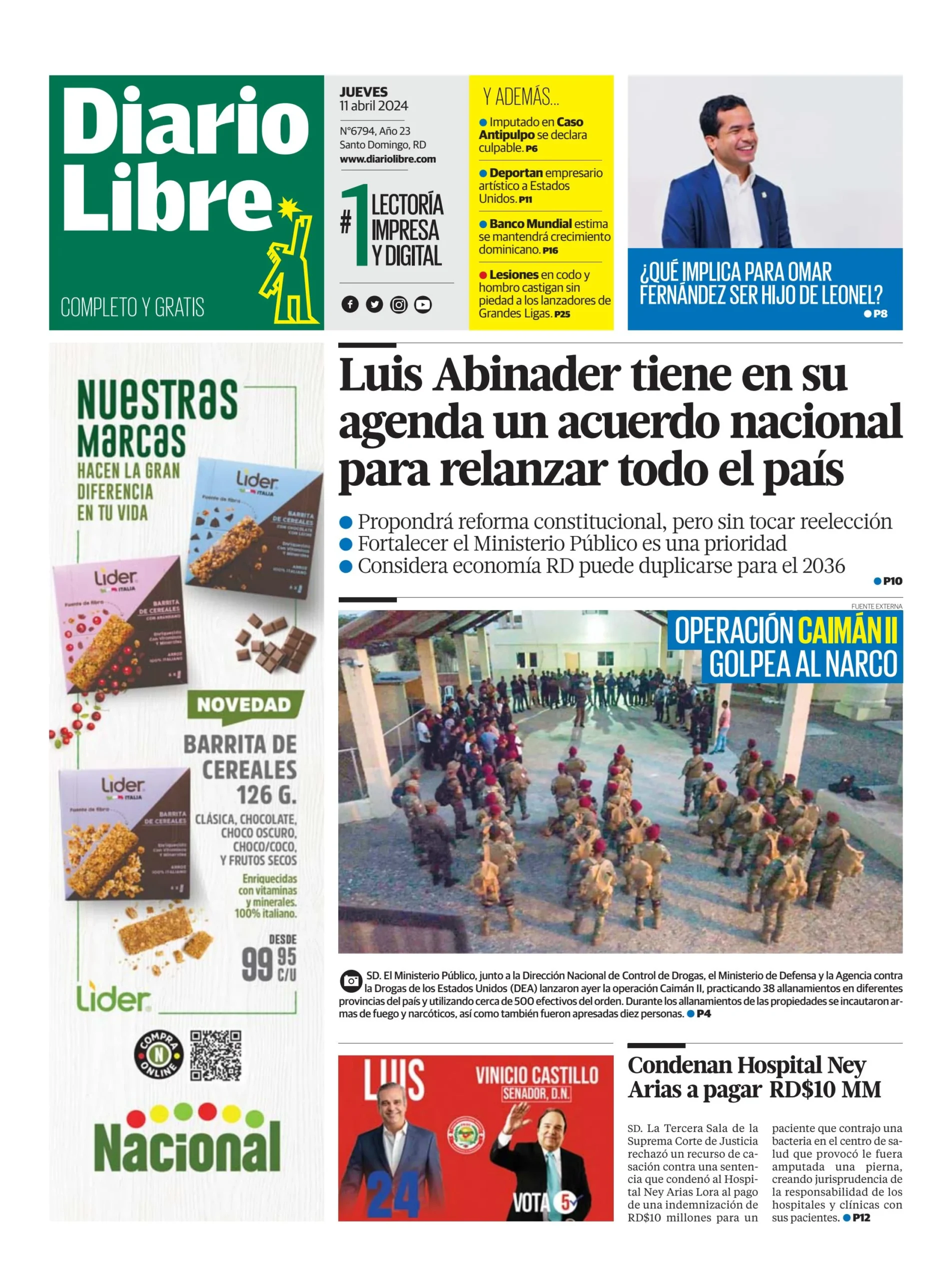 Portada Periódico Diario Libre, Jueves 11 Abril, 2024