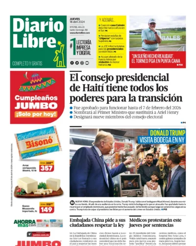 Portada Periódico Diario Libre, Jueves 18 Abril, 2024