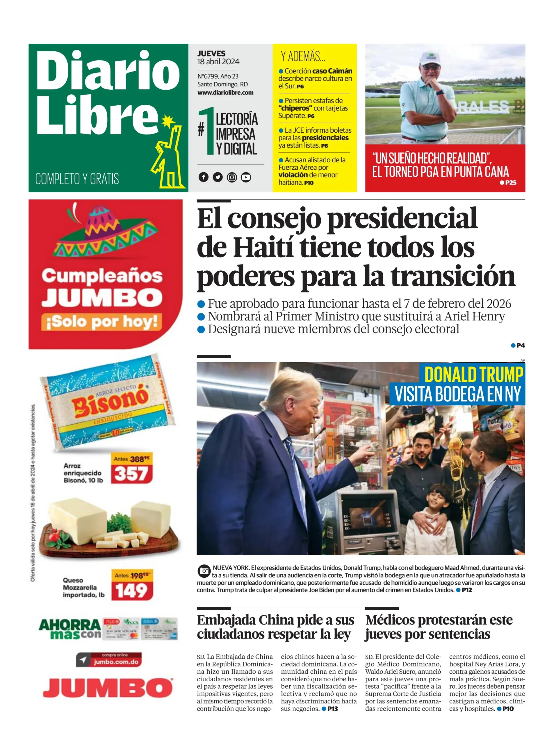 Portada Periódico Diario Libre, Jueves 18 Abril, 2024