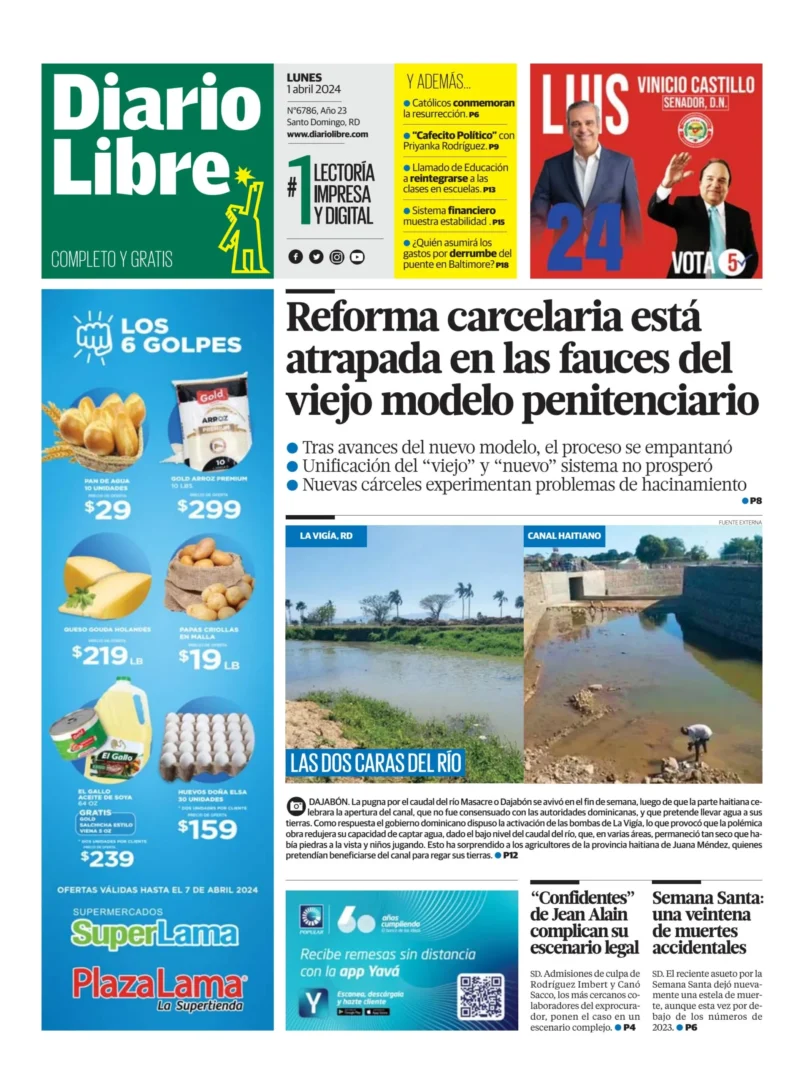 Portada Periódico Diario Libre, Lunes 01 Abril, 2024