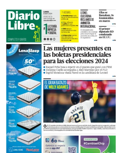 Portada Periódico Diario Libre, Lunes 08 Abril, 2024