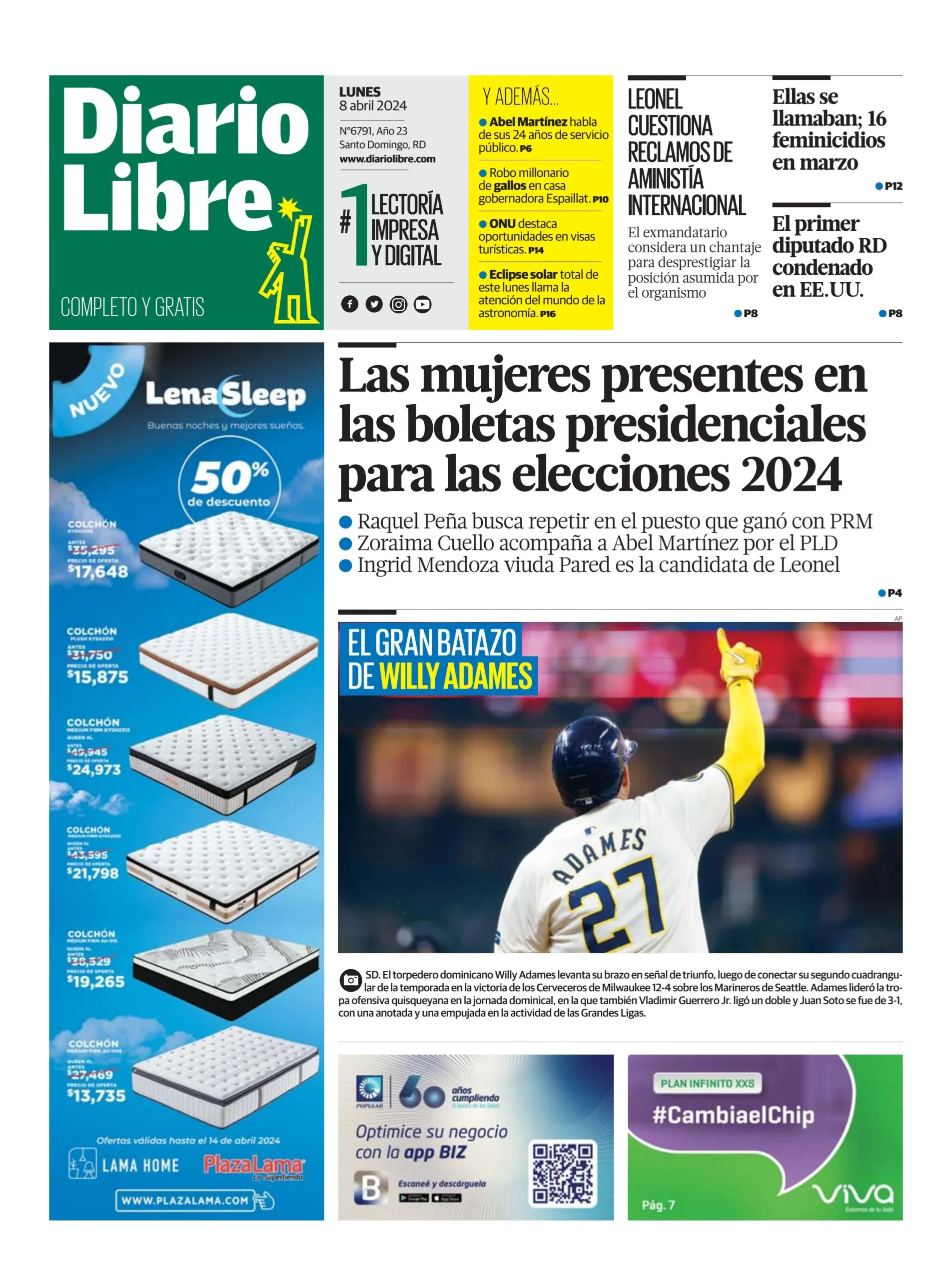 Portada Periódico Diario Libre, Lunes 08 Abril, 2024