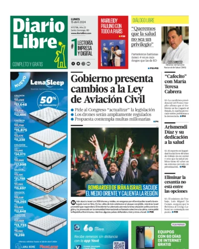 Portada Periódico Diario Libre, Lunes 15 Abril, 2024