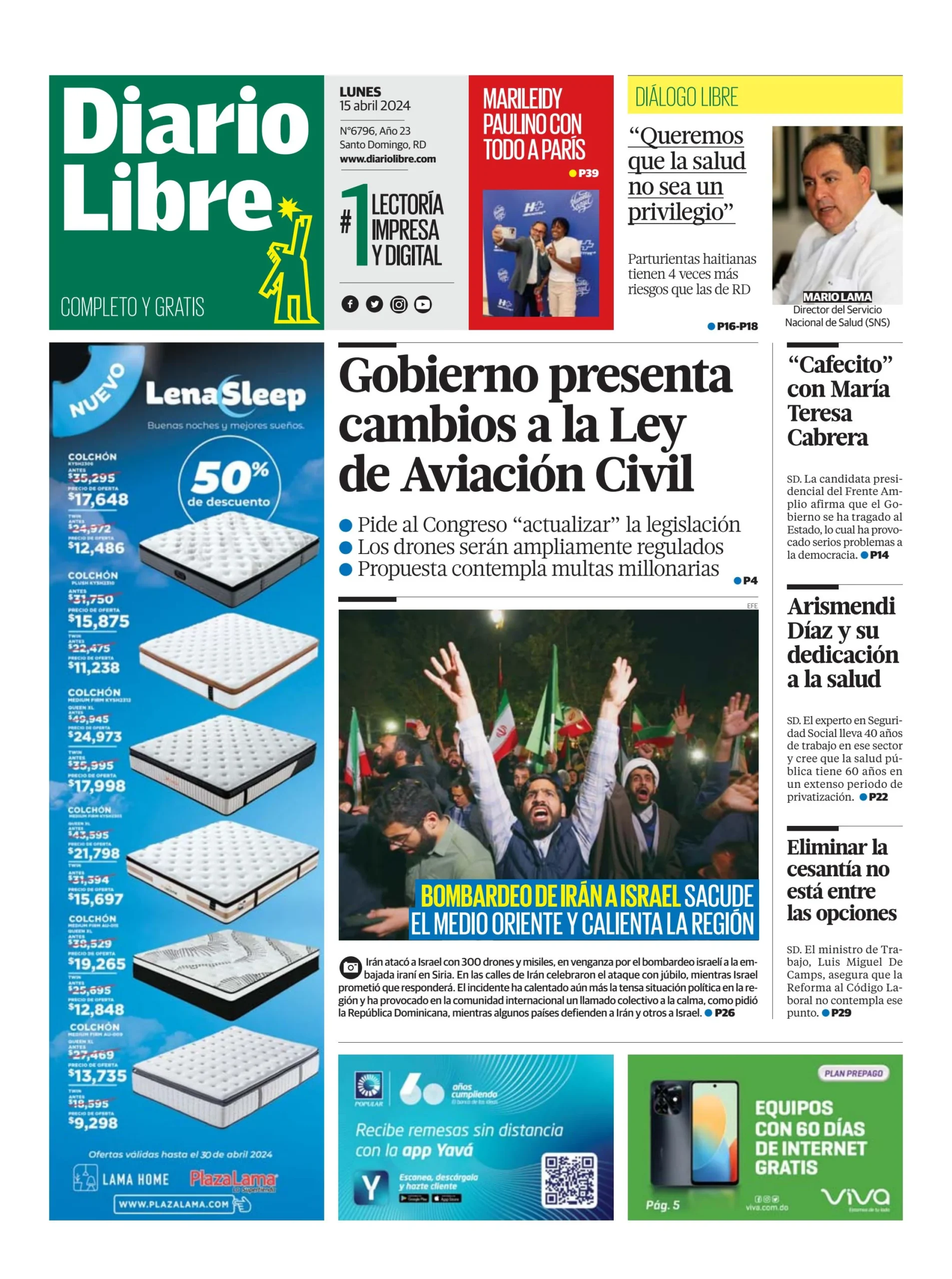 Portada Periódico Diario Libre, Lunes 15 Abril, 2024
