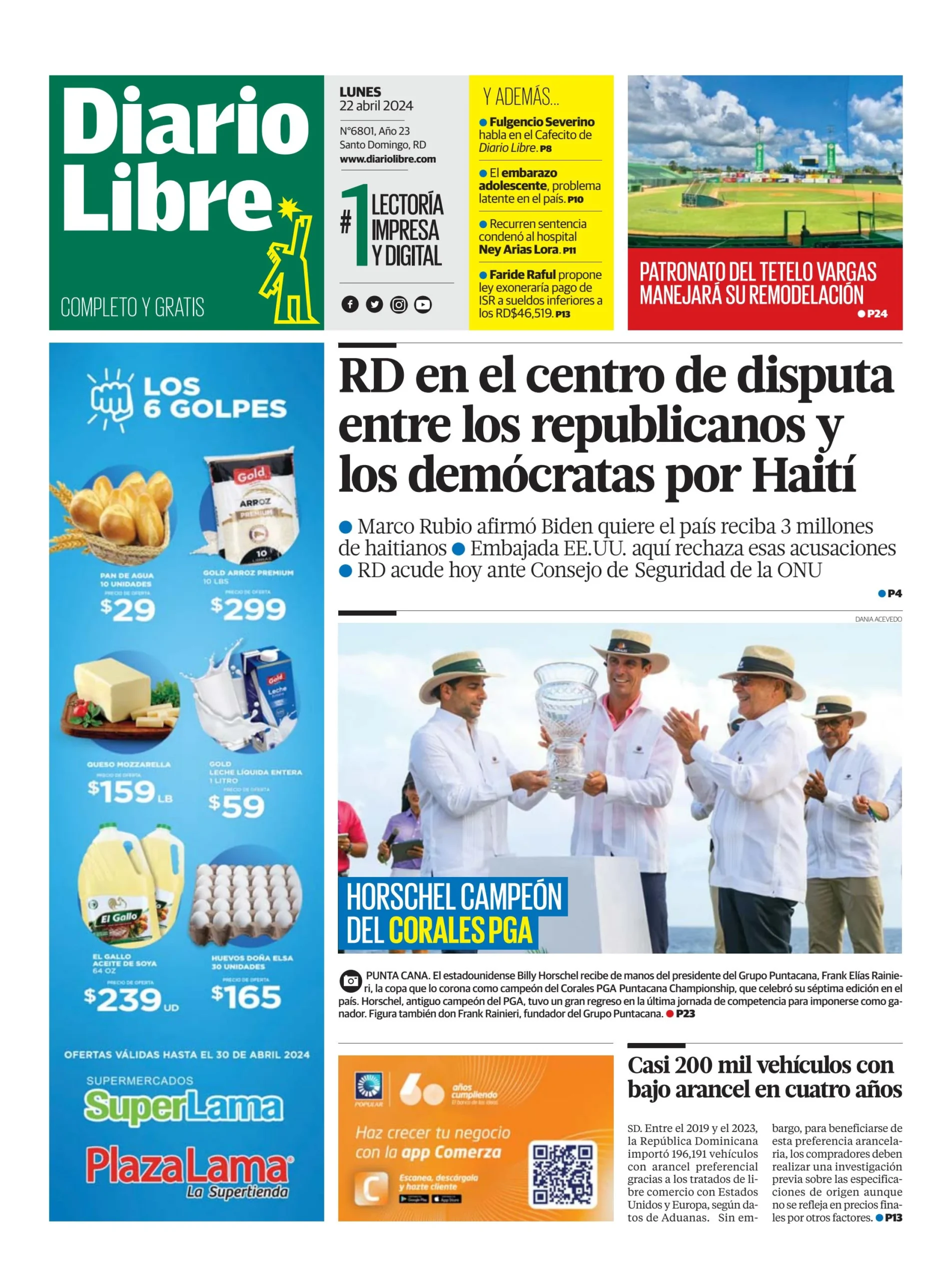 Portada Periódico Diario Libre, Lunes 22 Abril, 2024