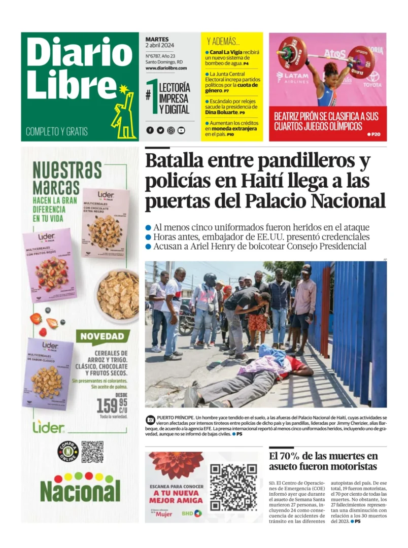 Portada Periódico Diario Libre, Martes 02 Abril, 2024