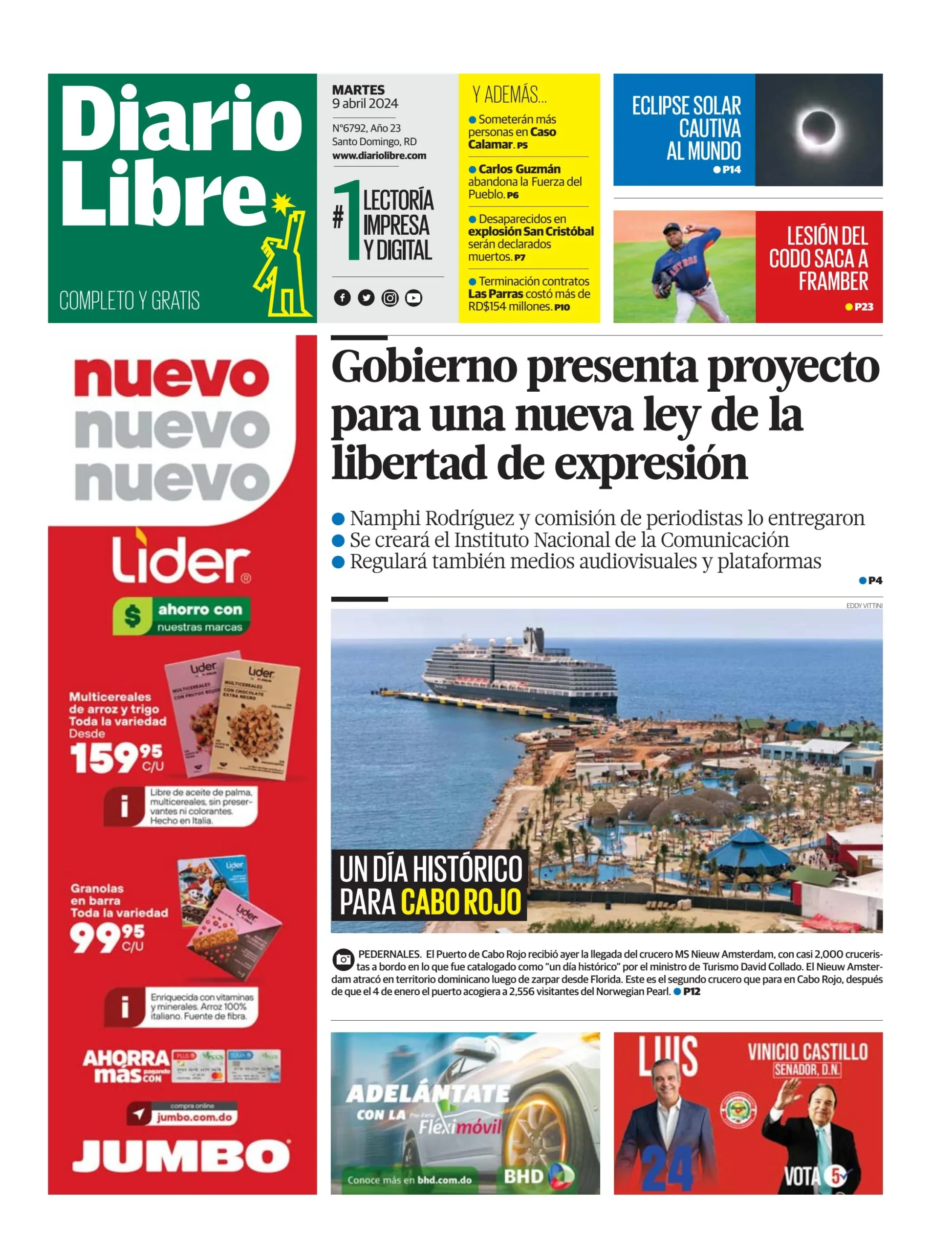 Portada Periódico Diario Libre, Martes 09 Abril, 2024