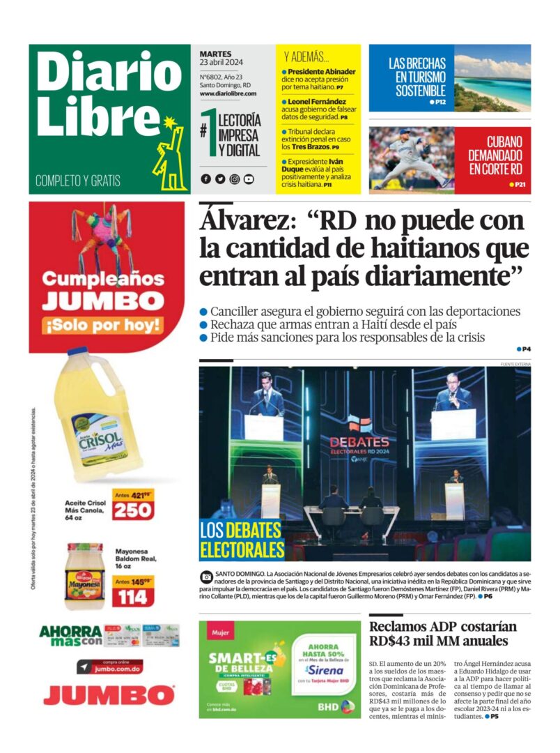 Portada Periódico Diario Libre, Martes 23 Abril, 2024