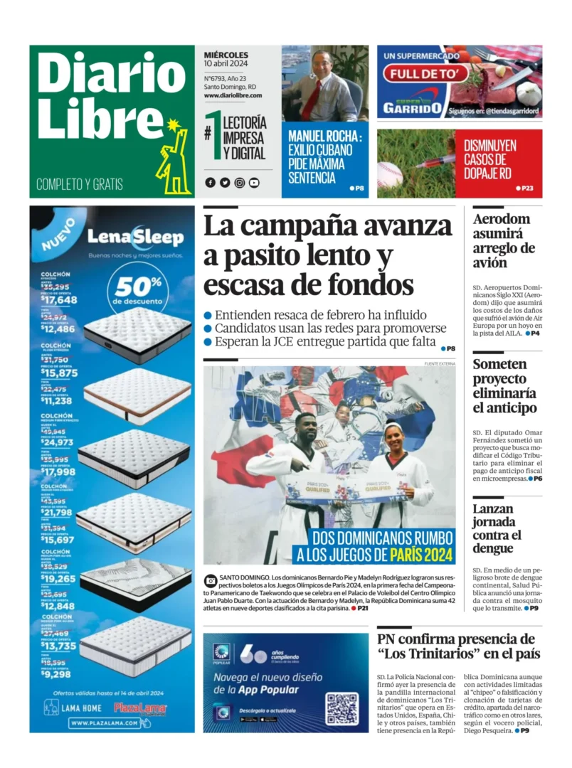 Portada Periódico Diario Libre, Miércoles 10 Abril, 2024