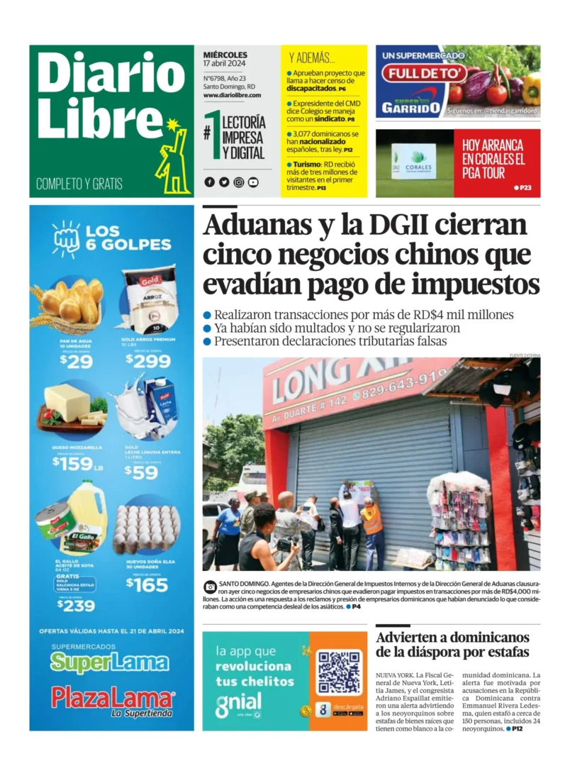 Portada Periódico Diario Libre, Miércoles 17 Abril, 2024