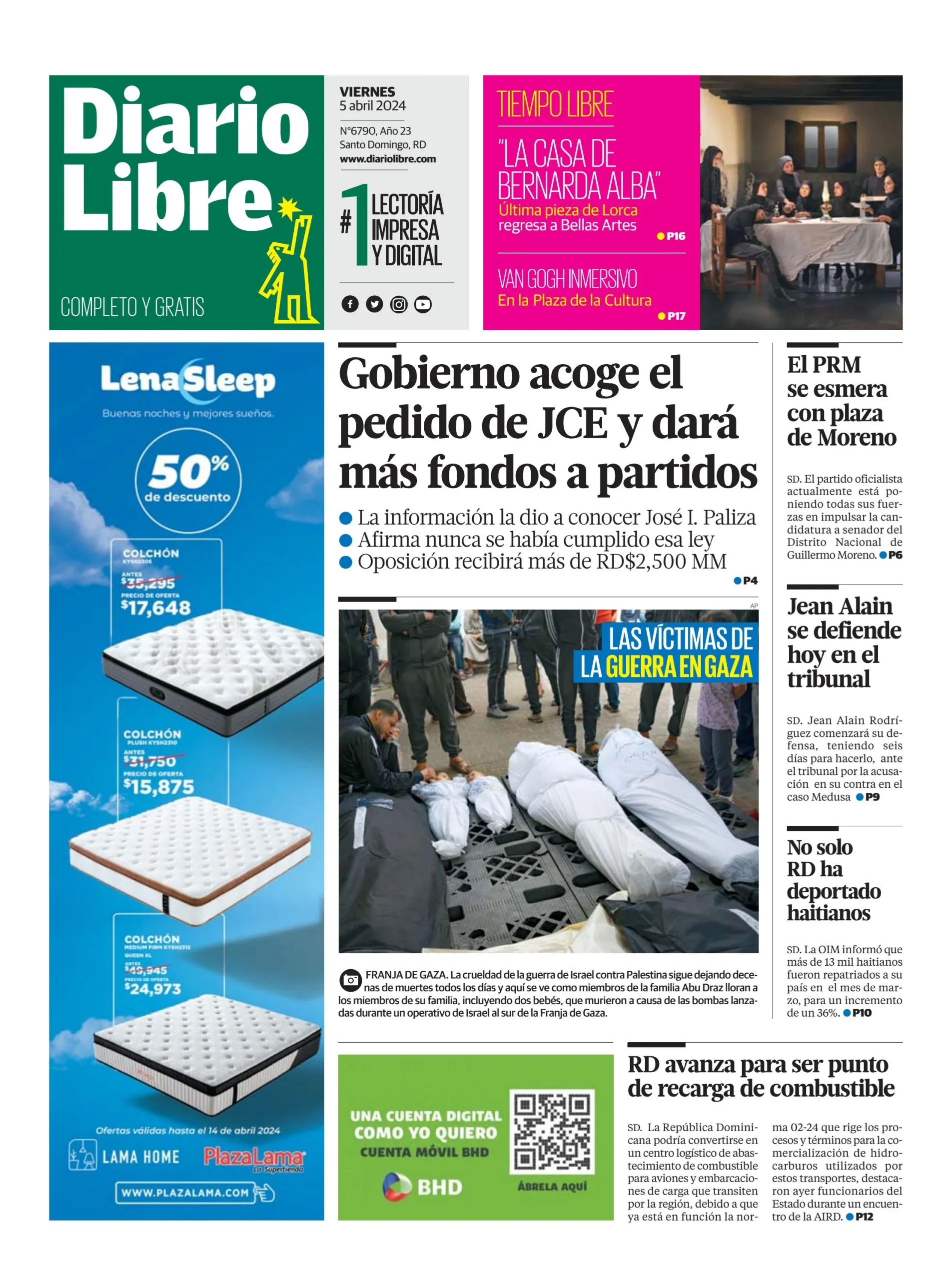 Portada Periódico Diario Libre, Viernes 05 Abril, 2024