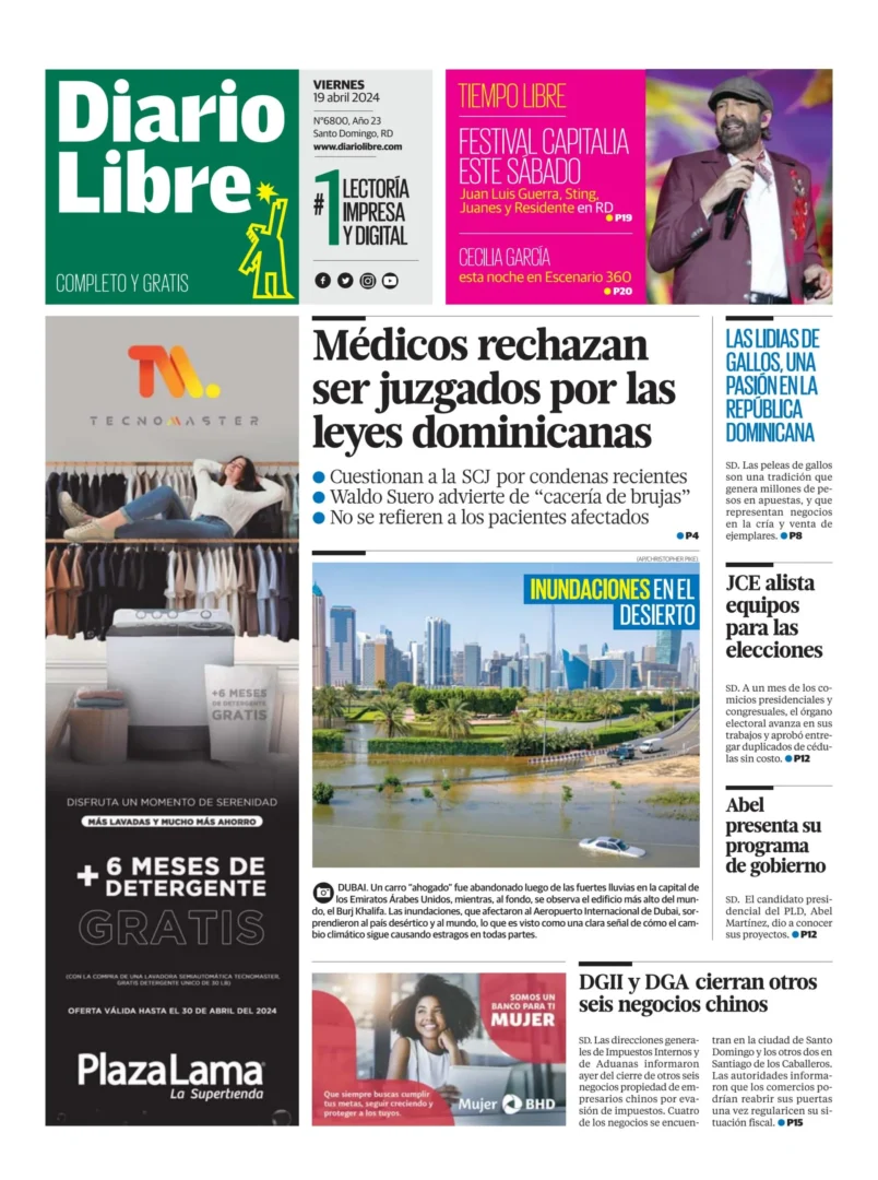 Portada Periódico Diario Libre, Viernes 19 Abril, 2024