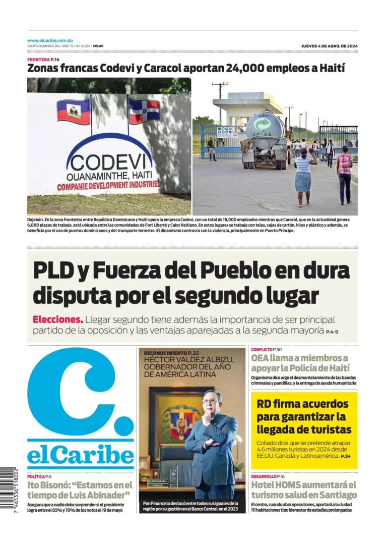 Portada Periódico El Caribe, Jueves 04 Abril, 2024