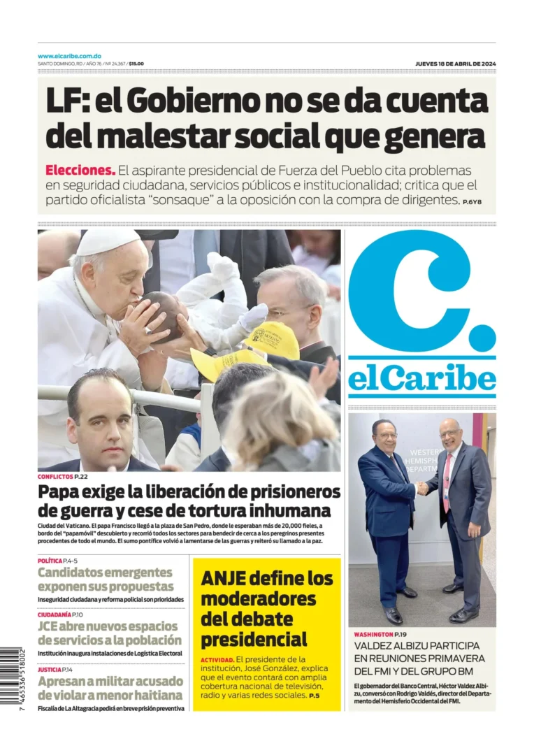 Portada Periódico El Caribe, Jueves 18 Abril, 2024