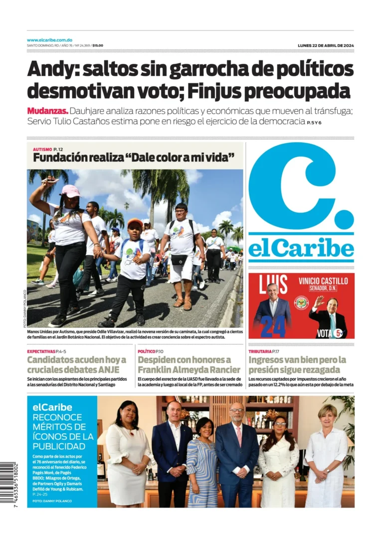 Portada Periódico El Caribe, Lunes 22 Abril, 2024
