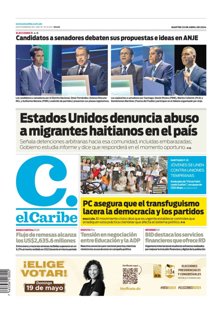 Portada Periódico El Caribe, Martes 23 Abril, 2024