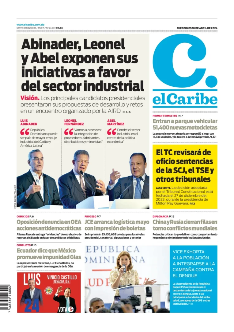 Portada Periódico El Caribe, Miércoles 10 Abril, 2024