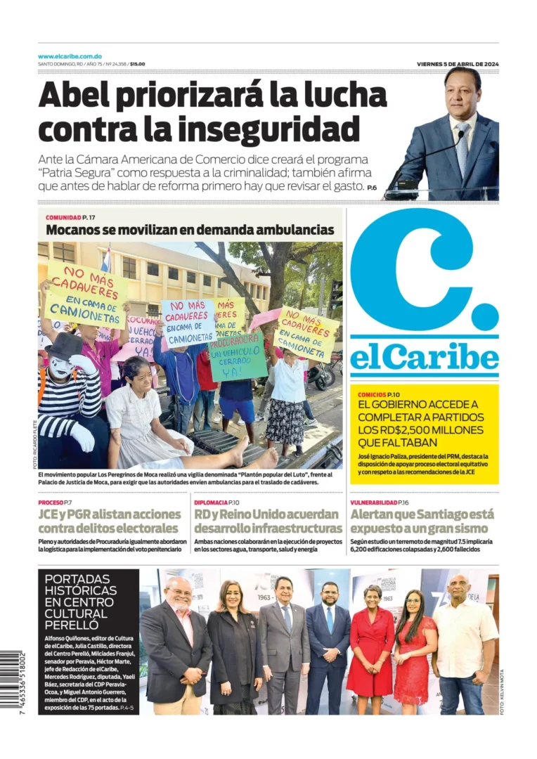 Portada Periódico El Caribe, Viernes 05 Abril, 2024