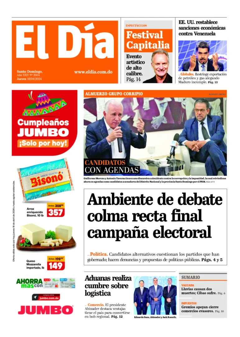 Portada Periódico El Día, Jueves 18 Abril, 2024
