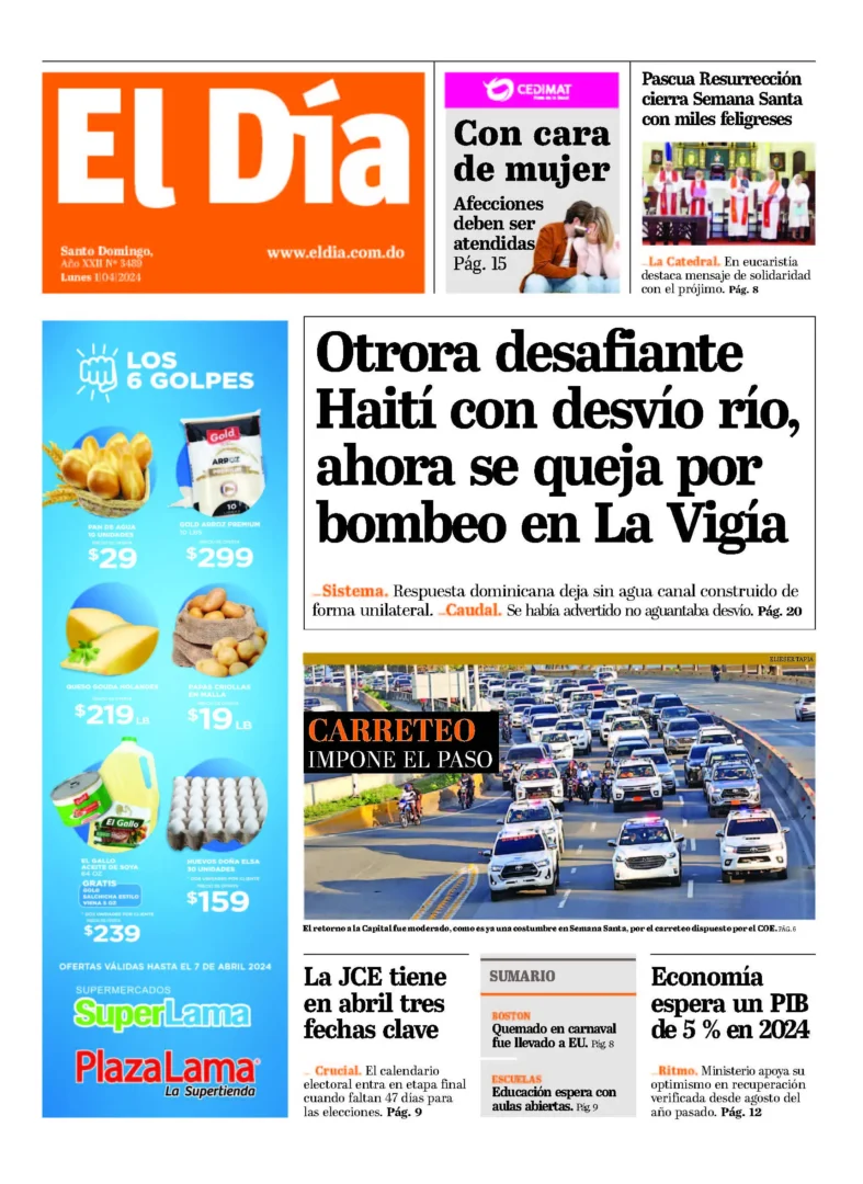 Portada Periódico El Día, Lunes 01 Abril, 2024