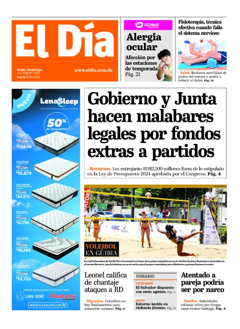 Portada Periódico El Día, Lunes 08 Abril, 2024