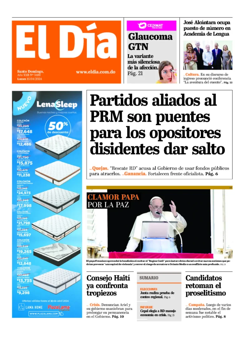 Portada Periódico El Día, Lunes 15 Abril, 2024