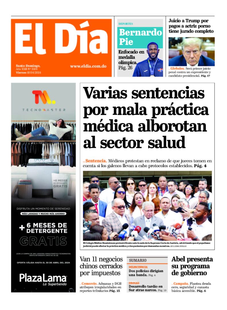 Portada Periódico El Día, Viernes 19 Abril, 2024