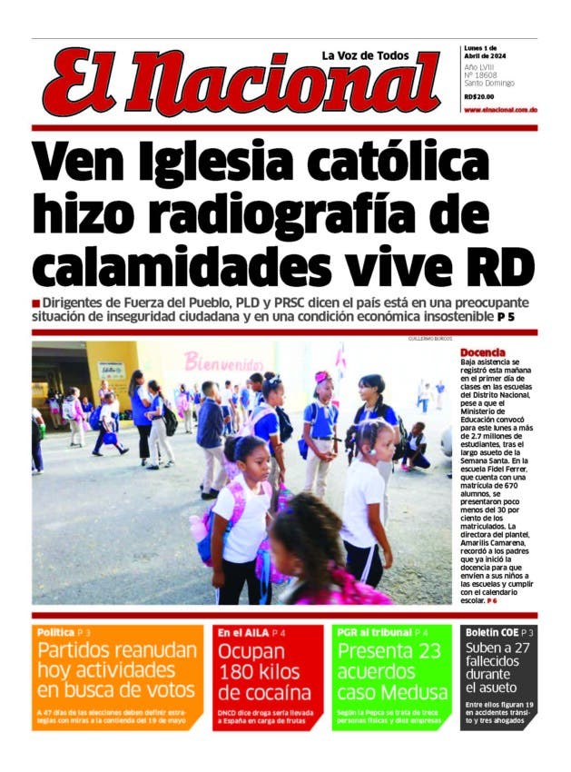 Portada Periódico El Nacional, Lunes 01 Abril, 2024