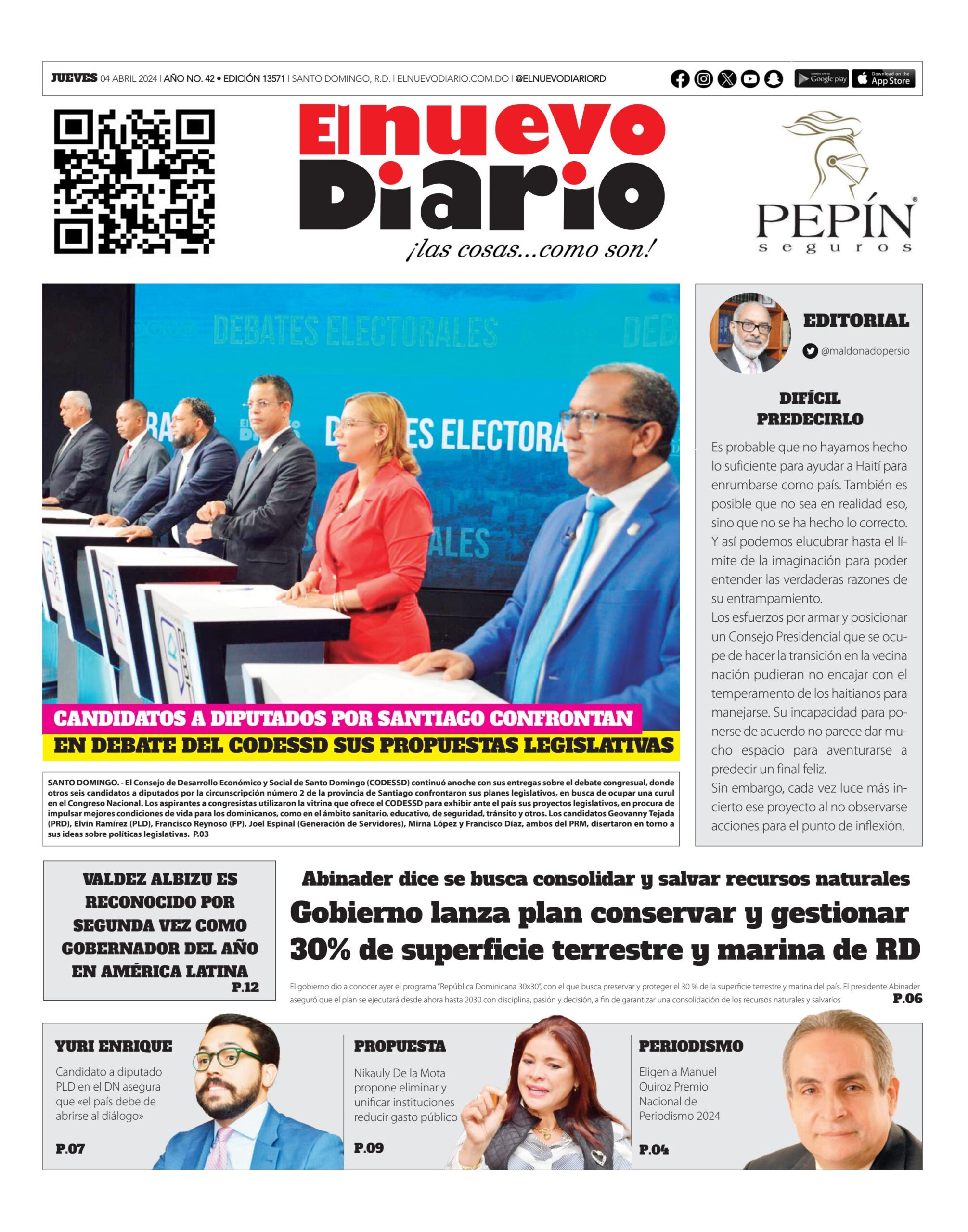 Portada Periódico El Nuevo Diario, Jueves 04 Abril, 2024